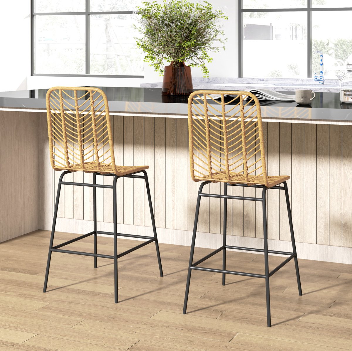 Barkrukken Set van 2 - Boho Design - Met Rugleuning En Voetsteun - Voor Keuken En Bar - PE Rotan - Geel En Zwart