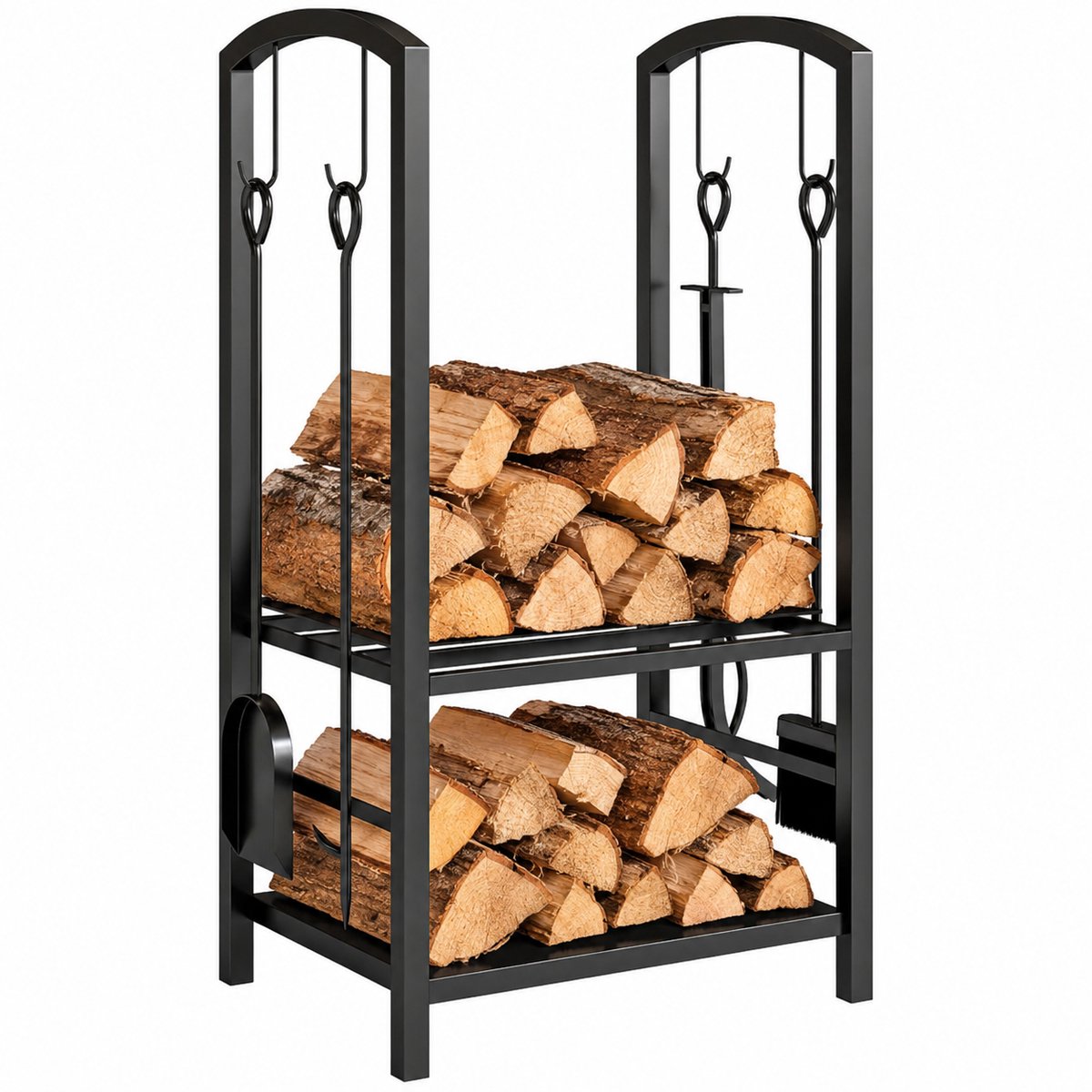 Sello! brandhoutrek – houtrek – houtopslag – twee opberglagen – inclusief schep, bezem, pook en tang – 40 x 30 x 74,5 cm – zwart