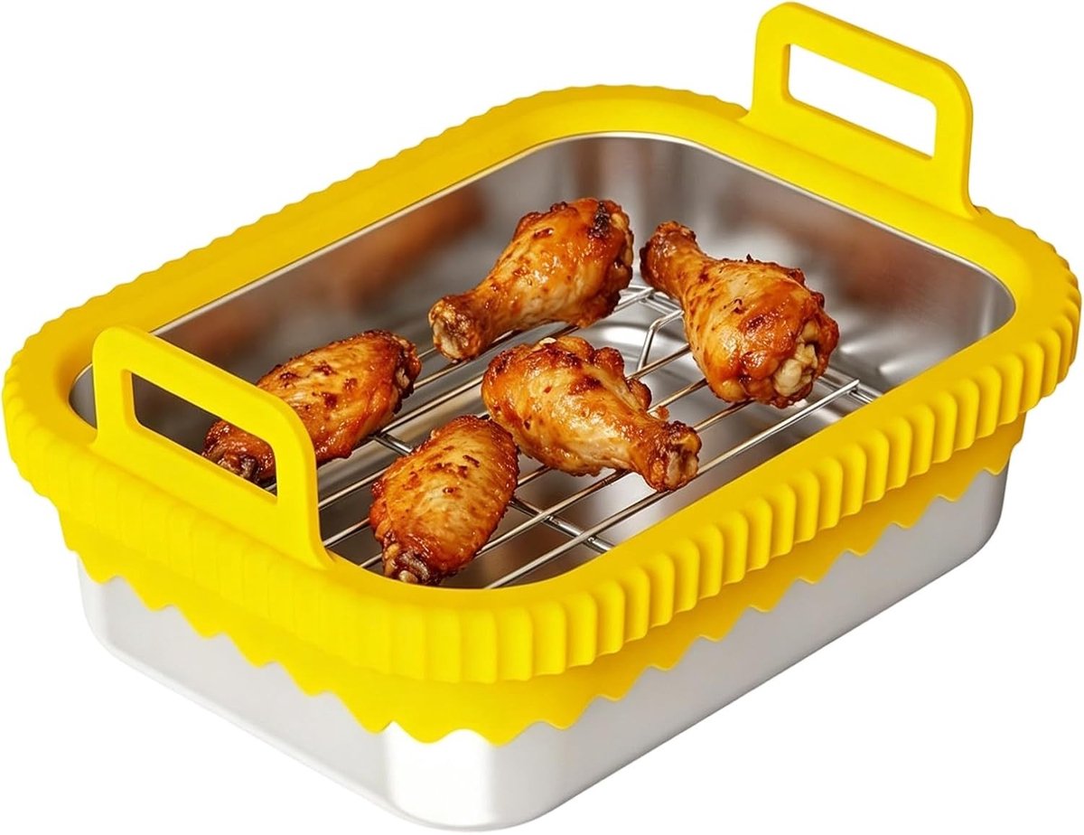 Ovenbestendige Air Fryer Schaal met Siliconen Handvatten en Verwijderbare Ring, Vaatwasserbestendig en Krasbestendig, Ideaal voor Gezond Koken