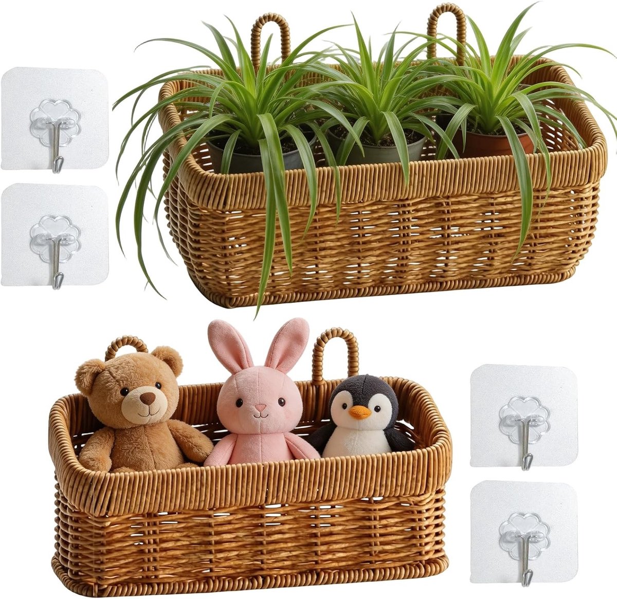 Decoratieve Rieten Opbergmanden met Wandbeugel - Set van 2, Hangende Organizers voor Woonkamer, Slaapkamer en Kantoor