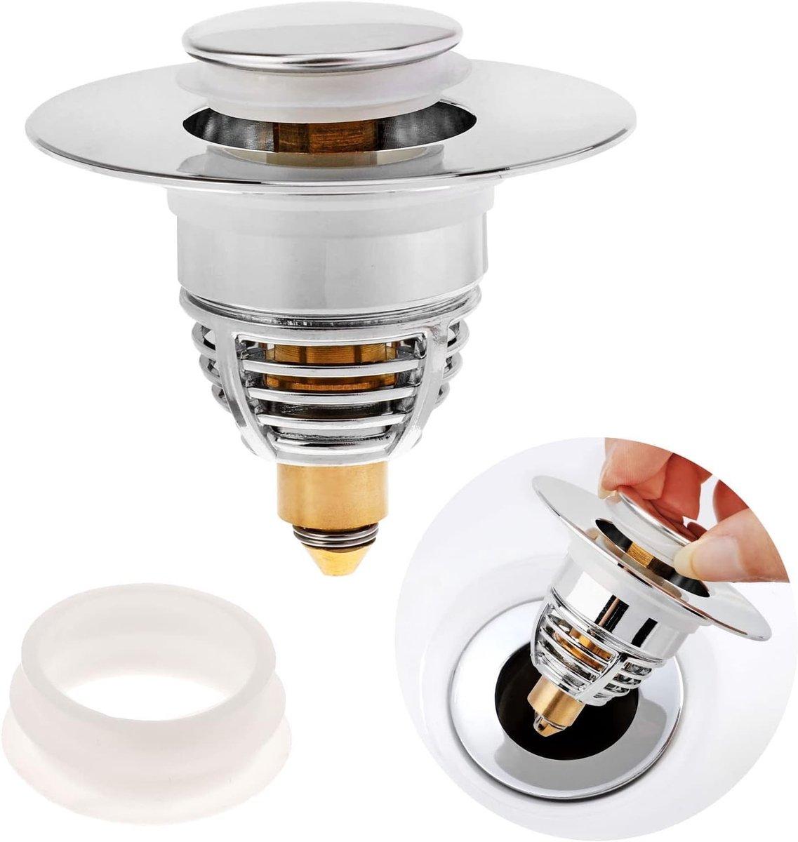 Vervangende universele pop-up afvoerplug van roestvrij staal voor wastafels, zonder overstort, met haarvanger en afdichtingen voor binnen diameter 33-39mm