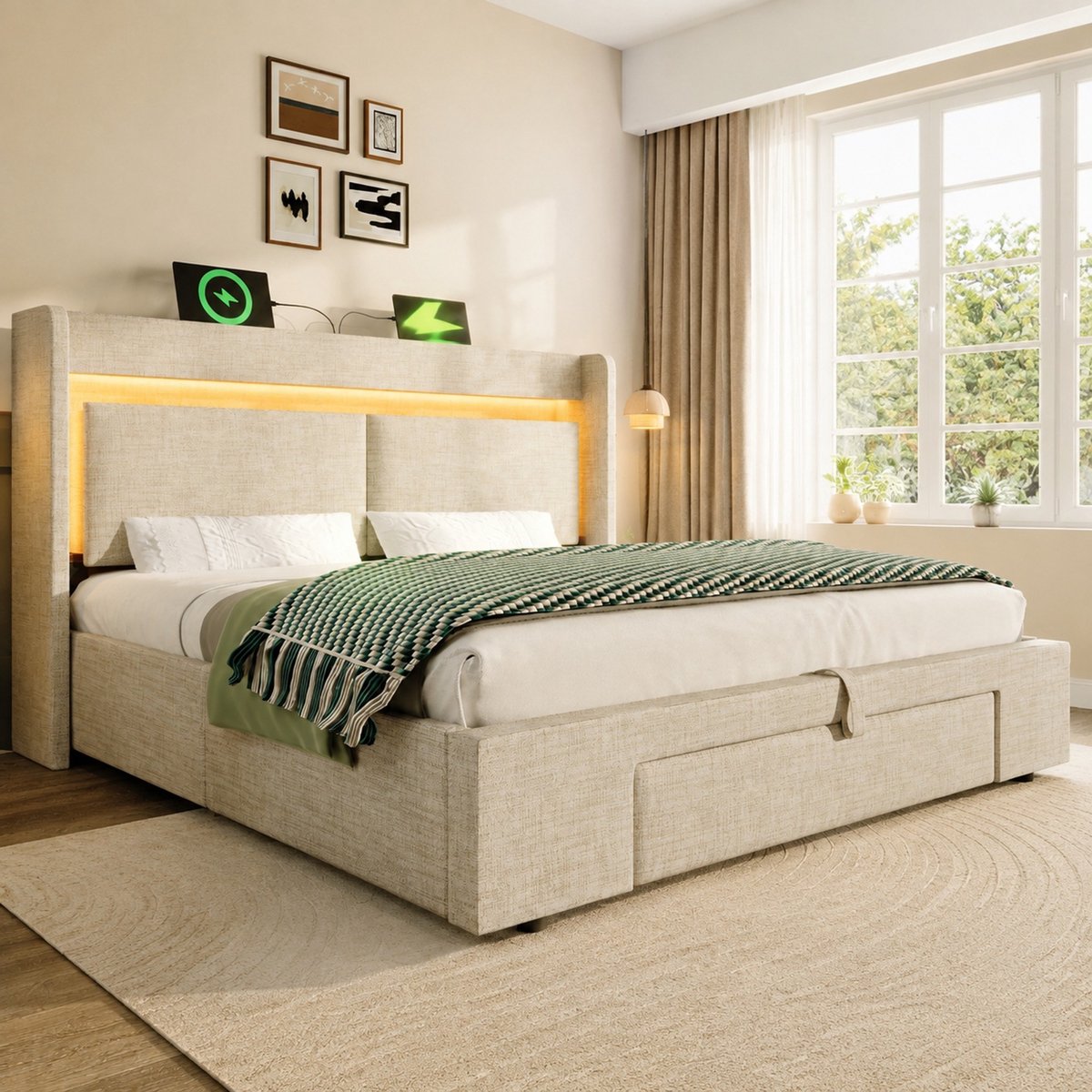 COVREO Bed met opbergruimte – 160x200 cm – Tweepersoons bedframe met LED – hoofdbord met USB-C – Beige - zonder matras