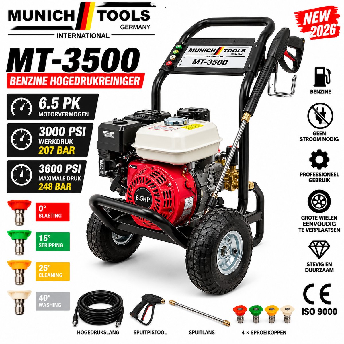 Munich Tools MT-3500 Benzine Hogedrukreiniger – 248 bar – 6.5 PK – 3000 PSI Werkdruk – 3600 PSI Max – Incl. 4 Sproeikoppen