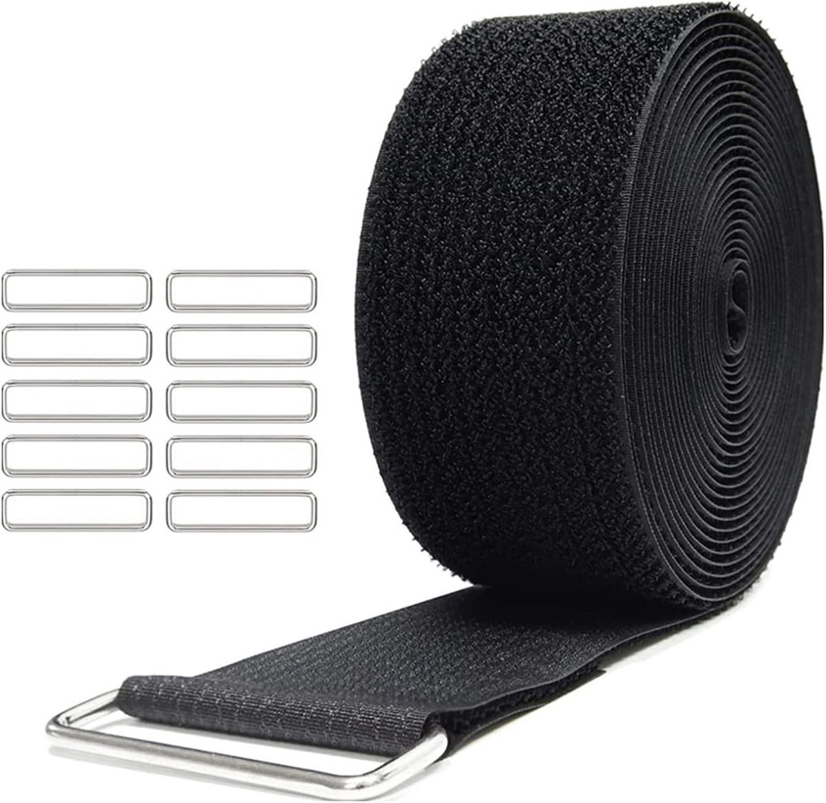 Duurzame 10 m x 2 cm nylon plakband voor het organiseren van kabels, touwen en slangen, inclusief 50 metalen gespen, zwart
