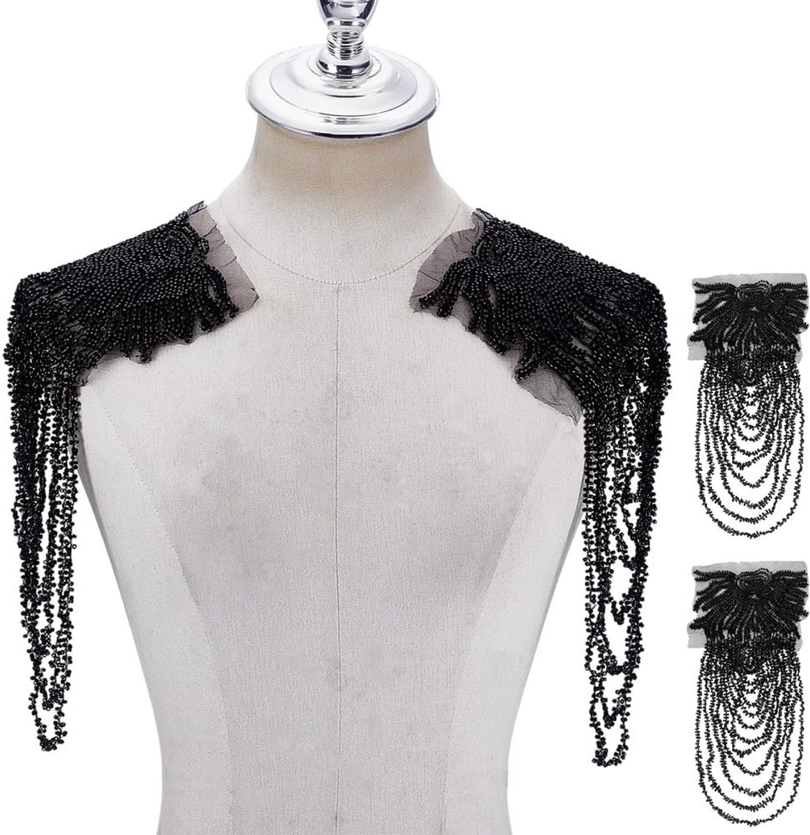Strass-applicatie voor schouder met franjes en kralen, versiering voor kostuumaccessoires, zwart, 2 stuks, glamoureuze details