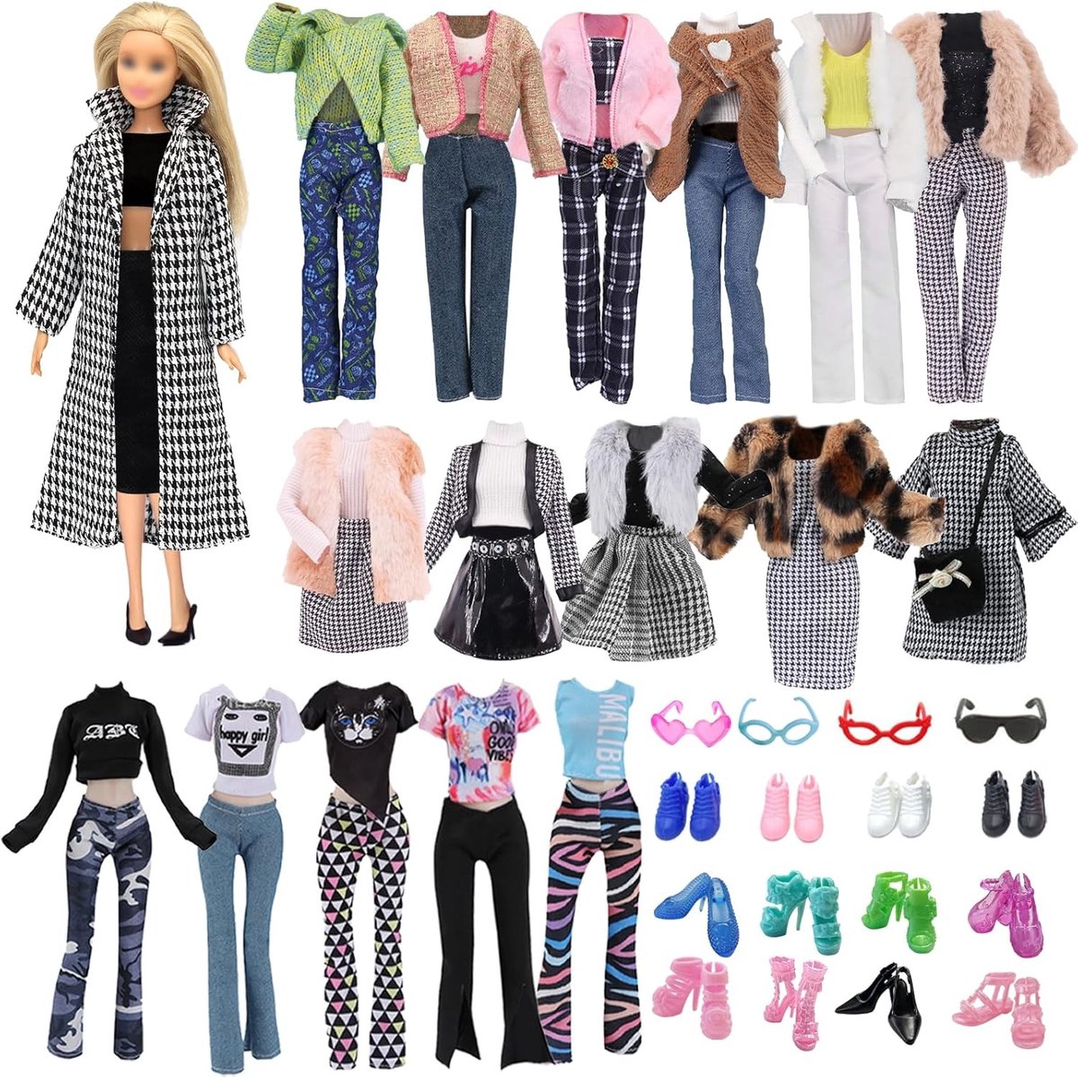 Complete set van 30 kledingpoppen met 1 plaid mantel, 2 winterjassen, tops, truien, rokken, broeken, hoed, brillen en schoenen voor meisjes van 30 cm