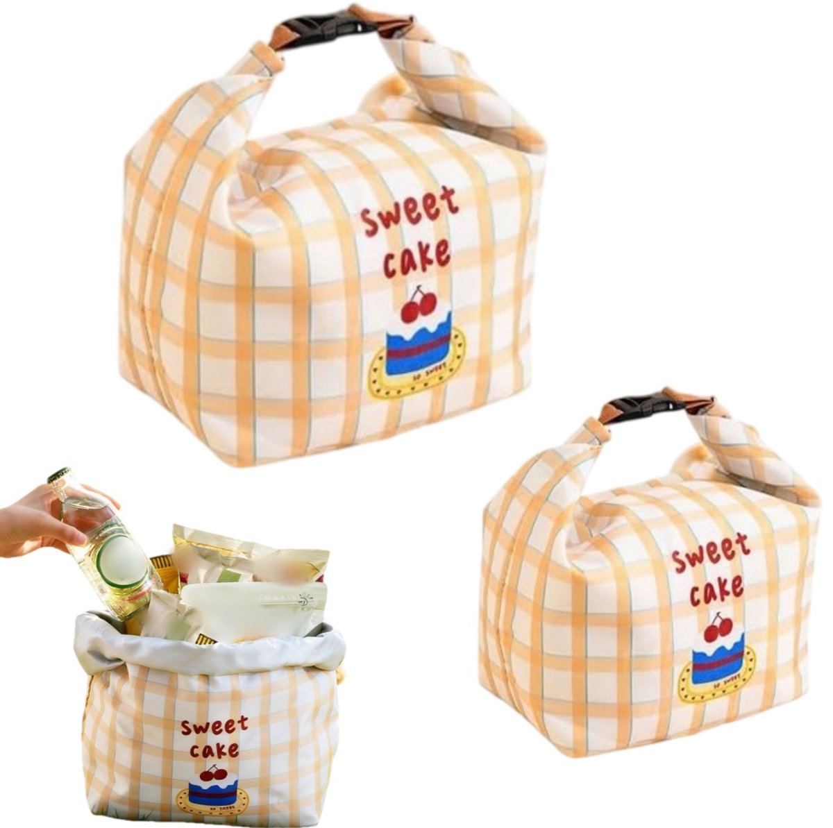Set van 2 lunchboxtassen – Geïsoleerde lunchtassen – Bento tassen – Handvat met drukknoopsluiting – Water-oliebestendig – Opvouwbaar – Geschikt voor bentoboxen, fruit, lunch, warme en koude dranken – Dessin met crèmekleurige taartjes