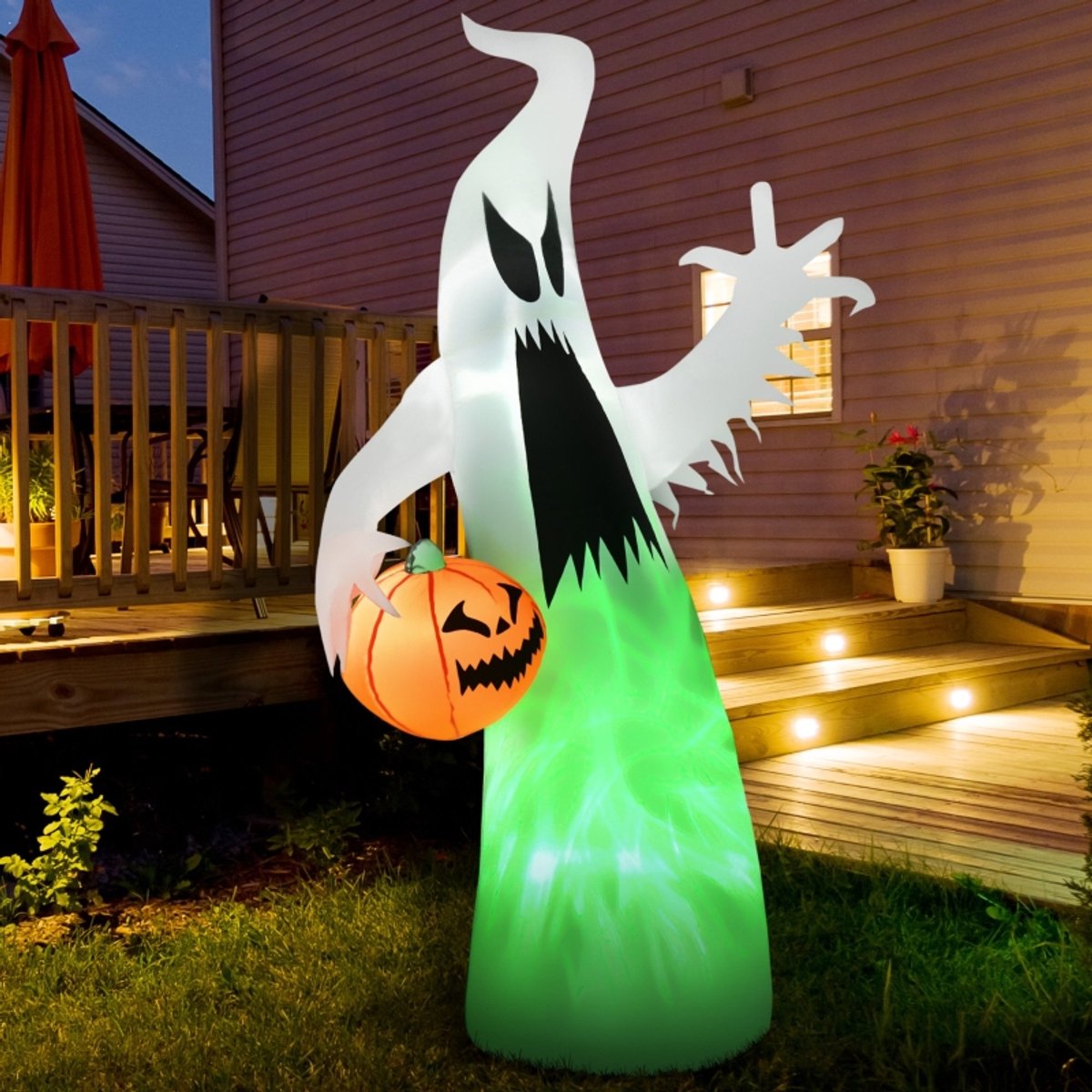 Opblaasfiguur – Zelfopblazende Spookdecoratie Met Ledverlichting – 105 x 65 x 180 cm – Polyester – Wit – Halloween Voor Binnen En Buiten