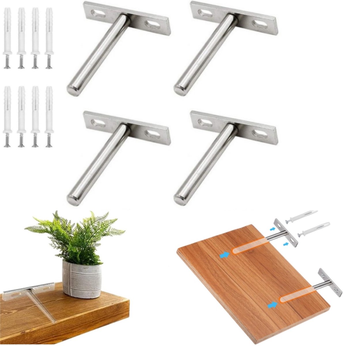 4 stuks - zwevende plankbeugel - verborgen plankdrager - verborgen beugel - met montageschroeven - zilver - 75 × 70 × 15 mm - geschikt voor zwevende houten planken - ideaal voor doe-het-zelf wandplanken