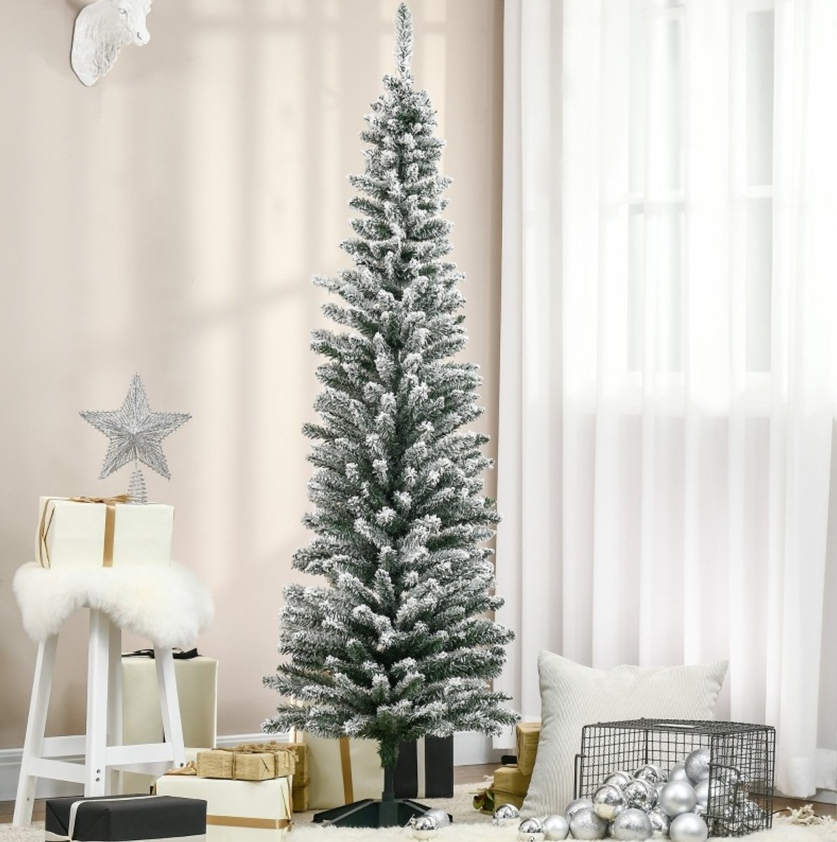 Kerstboom Besneeuwd 180 Cm Slank Pvc Groen Wit Met Metalen Standaard Voor Binnen Feestelijke Kerstdecoratie