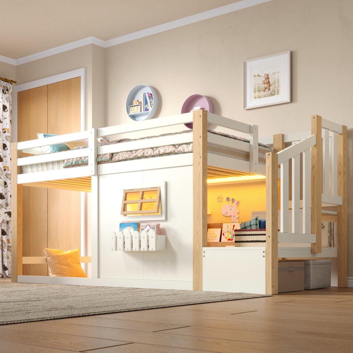 Hoogslaper 90x200 cm Zonder Matras - Bed Met Raam En Opbergtrede - Met Led Lichtstrip En Veilig Valhek - Voor Kinderkamer - Hout En Mdf - Wit