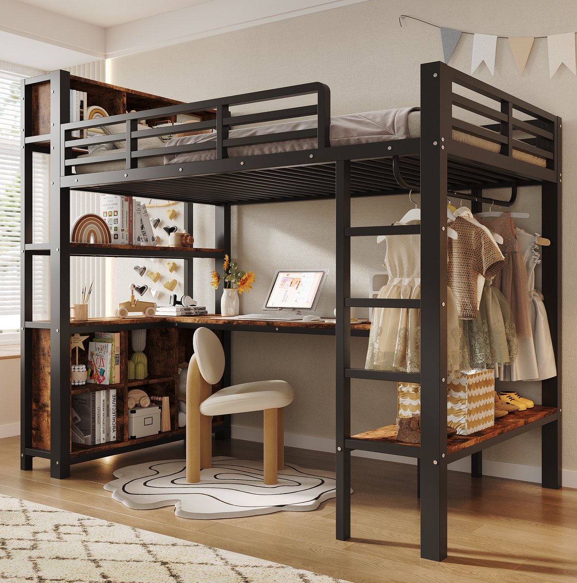 Hochslaper 90 x 200 cm Zonder Matras Met Bureau Kledingrek Rekken En Opbergvakken Voor Kinderkamer Zwart Metaal En MDF