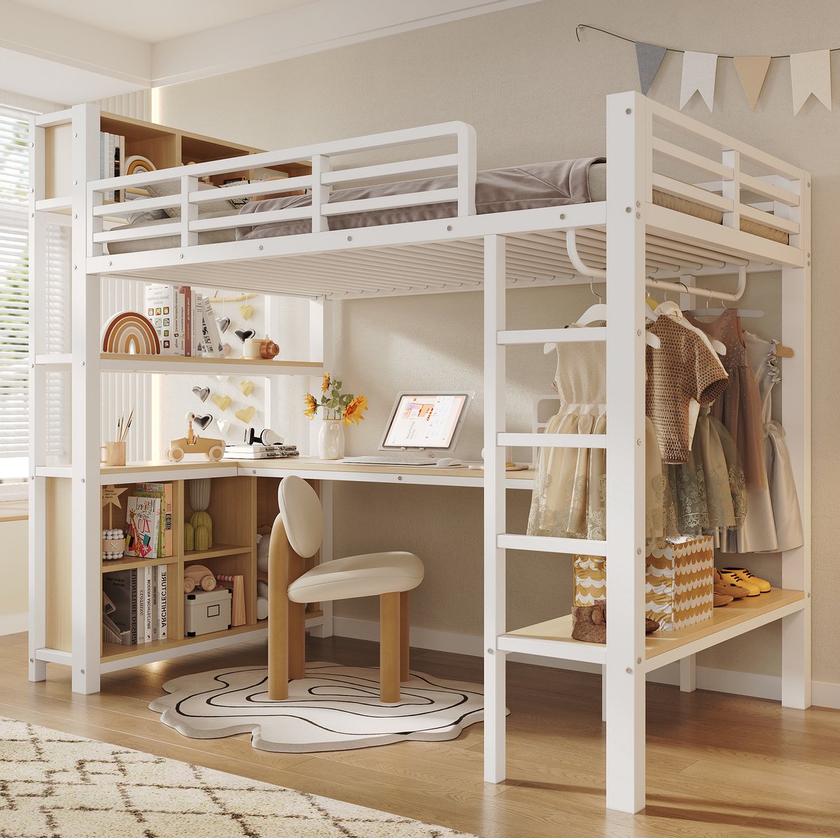 Stapelbed 90x200cm Zonder Matras - Met Bureau, Kledingstang En Opbergplanken - Ruimtebesparend Voor Kinderen - Metaal En MDF - Wit