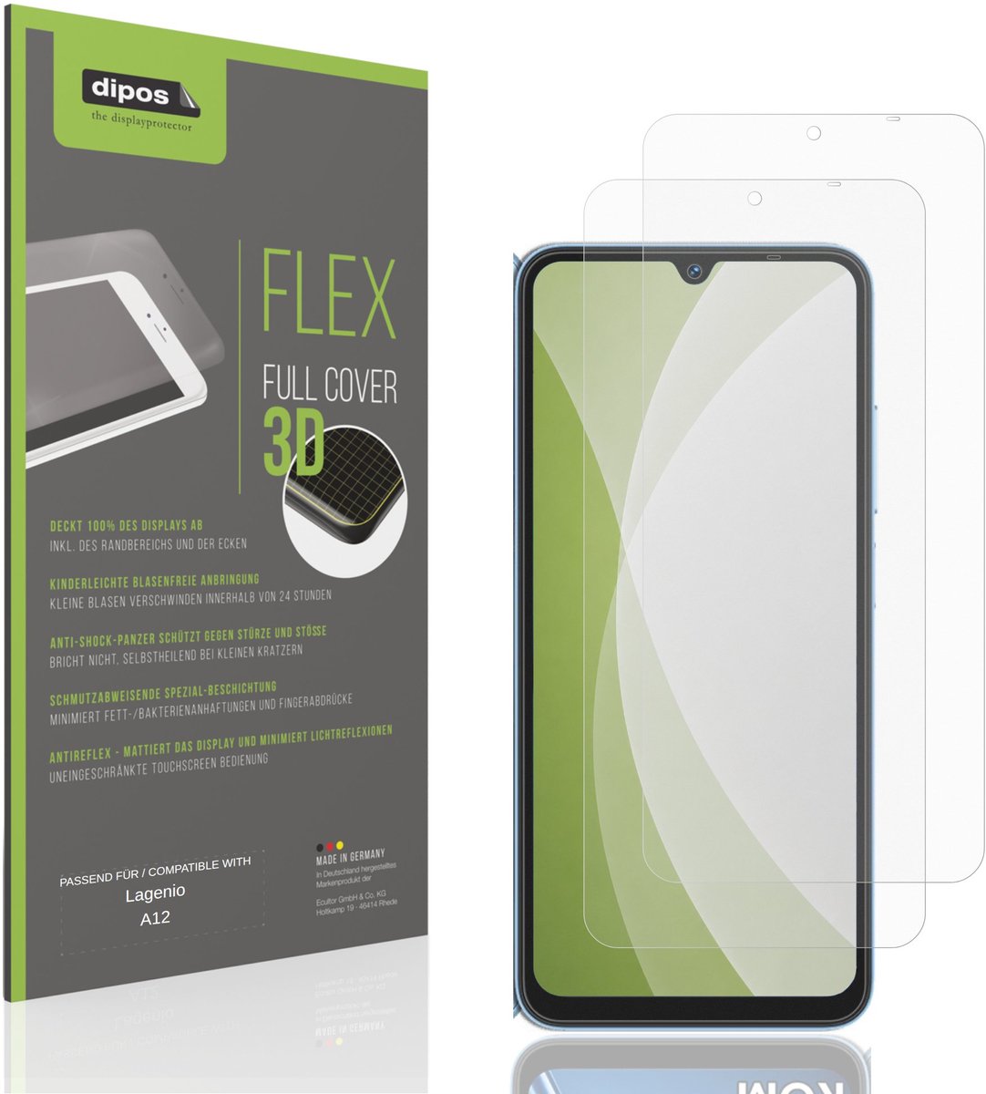 dipos FLEX – 2x Matte Screenprotector geschikt voor Lagenio A12 | Volledige Schermbescherming | Case-Friendly