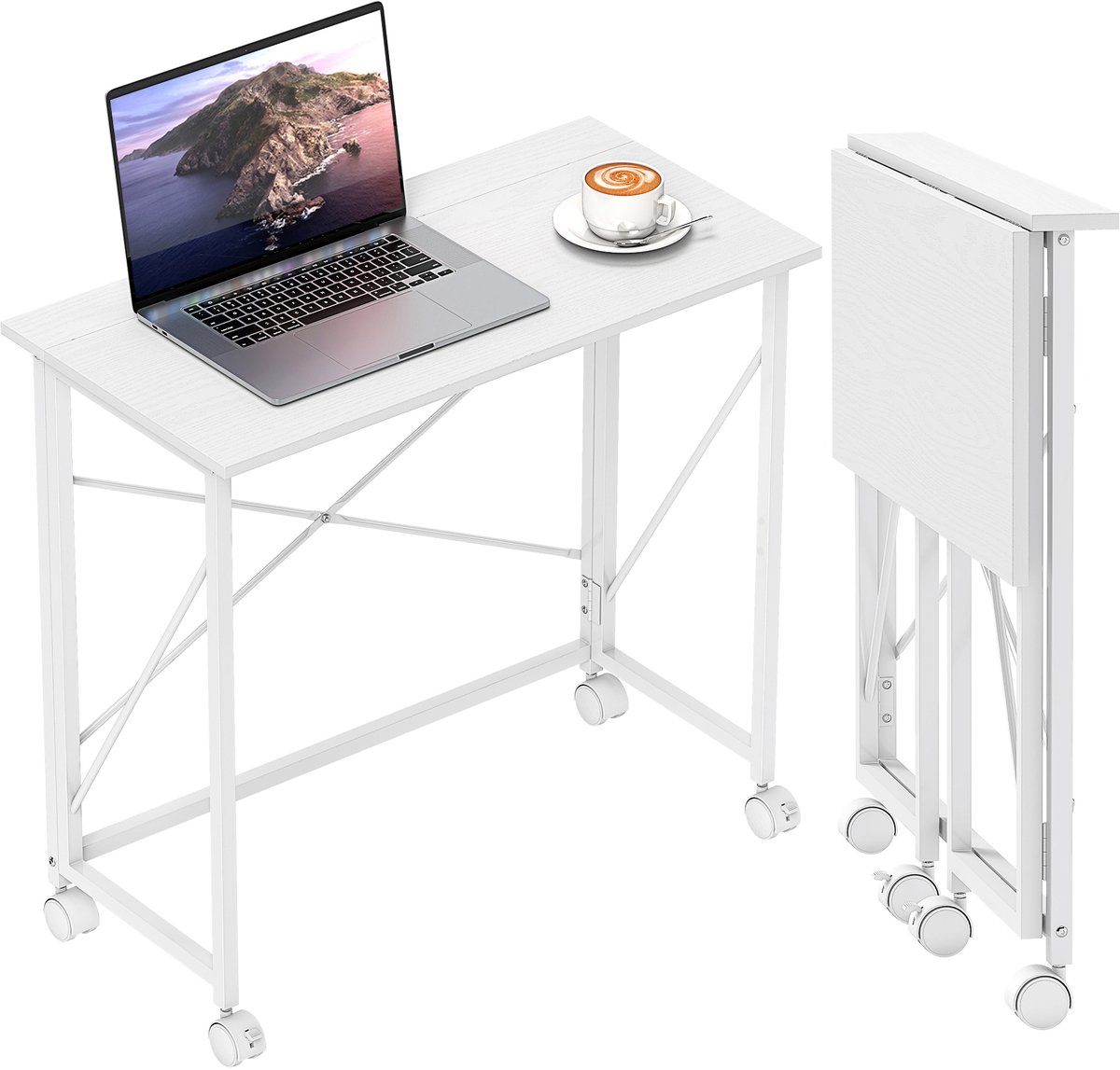 Opvouwbaar bureau met wielen - Opvouwbaar - Verrijdbaar - Stalen frame - Geschikt voor studeerkamer en slaapkamer - 80x40x75 cm, wit