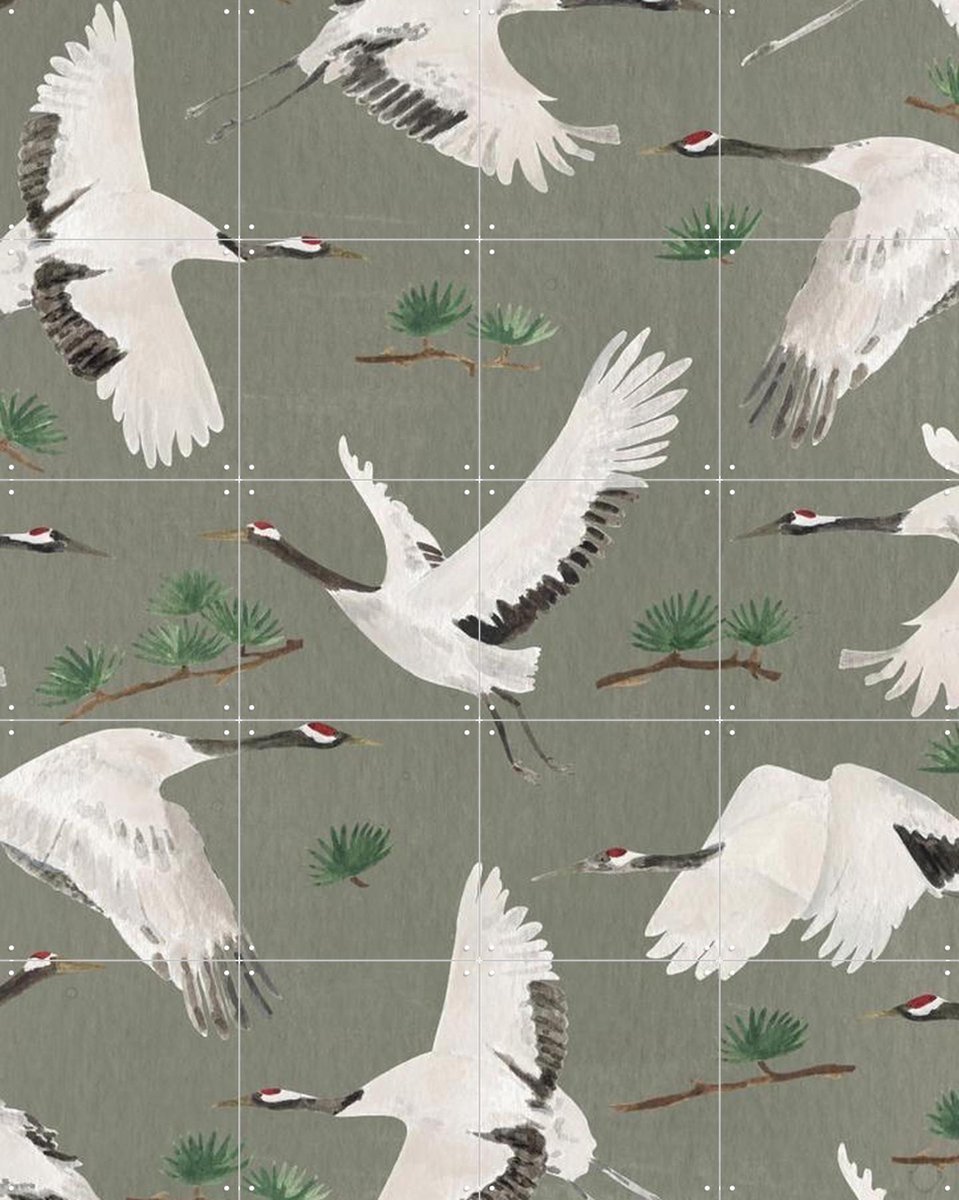 IXXI Cranes Green, Isabelle Vandeplassche & Rijksmuseum 2.0 - 80 x 100 cm - Gratis ophangtool - Grote wanddecoratie en posters - Klassiek, Aquarel