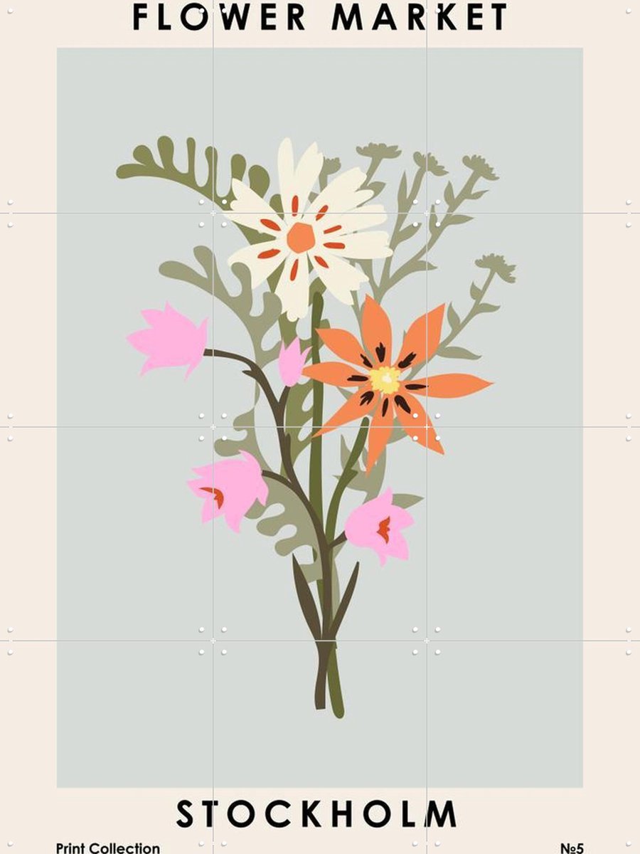 IXXI Flower Market Stockholm, NKTN & Various - 60 x 80 cm - Gratis ophangtool - Grote wanddecoratie en posters - Houtsnede, Vintage, Speels