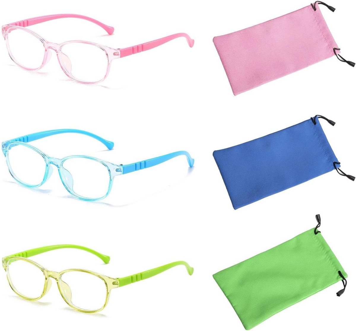 Set van 3 Kinderbrillen met Brilzakken, Blauw Licht Filterende Computerbrillen en Accessoires voor Kinderen
