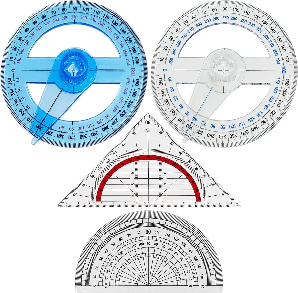 2-delige set meetinstrumenten voor wiskunde, inclusief een cirkelprotractor, driehoekige protractor en halve cirkel, ideaal voor school en studie.