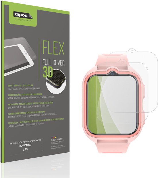 Twee matte displaybeschermers voor de IOWODO Z30, één op een roze smartwatch. Dekking van rand tot rand.