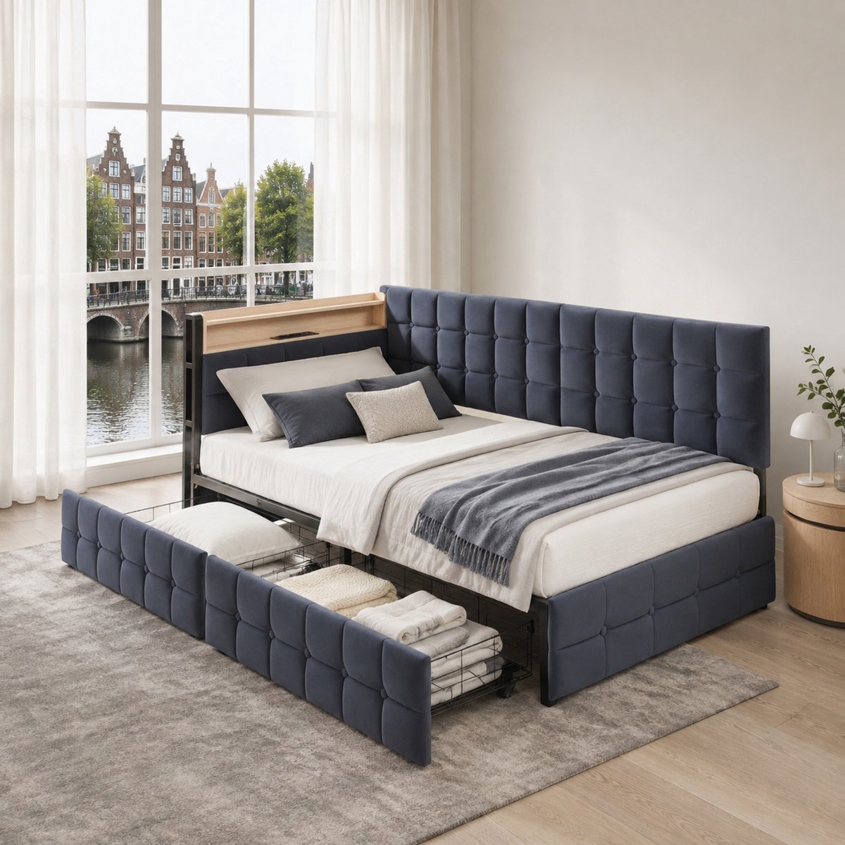 WUVRIE Gepolstert slaapsofa bedbank 90x200 cm grijs, met 2 lades en LED-verlichting - multifunctionele slaapbank met USB & Type-C