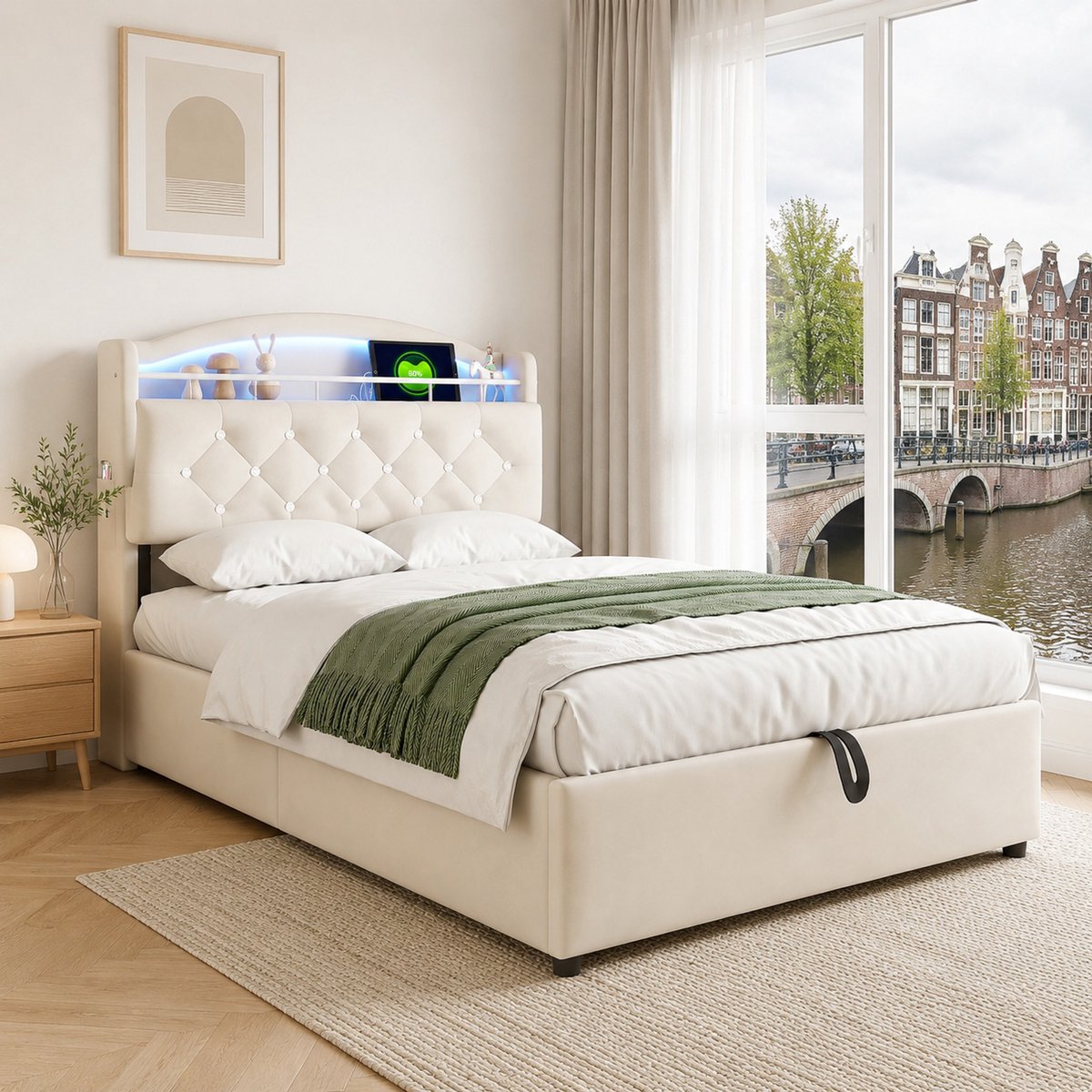 WUVRIE Kinder Polsterbett 90x200 Beige - Multifunktionsbed met opbergruimte, LED en USB