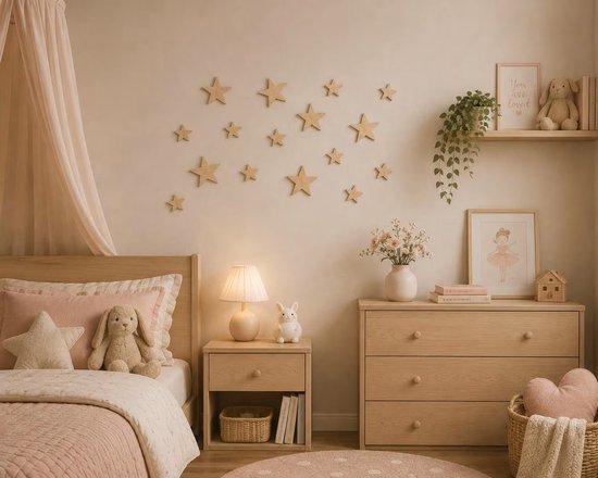 WWC- Wanddecoratie kinderkamer - Houten sterren – Set van 15 - natuurlijk hout — afbeelding 2