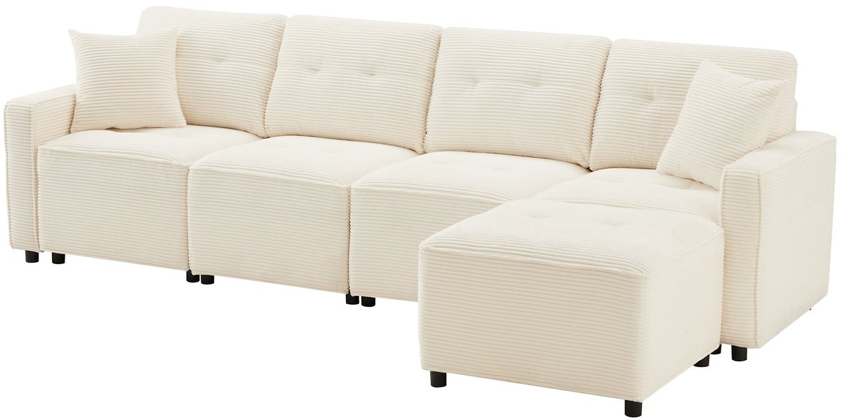 Merax 4-Zits Bank - Beige Ribstof Sofa 280 cm - Met Opbergruimte onder Zitvlakken - Vrij Plaatsbare Hocker - Modulaire Loungebank