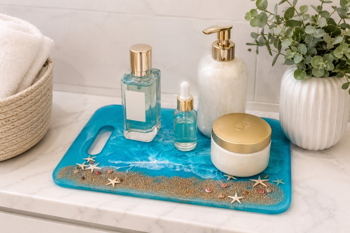 Turquoise Epoxy Blad met Zeesterren, Schelpen & Zand