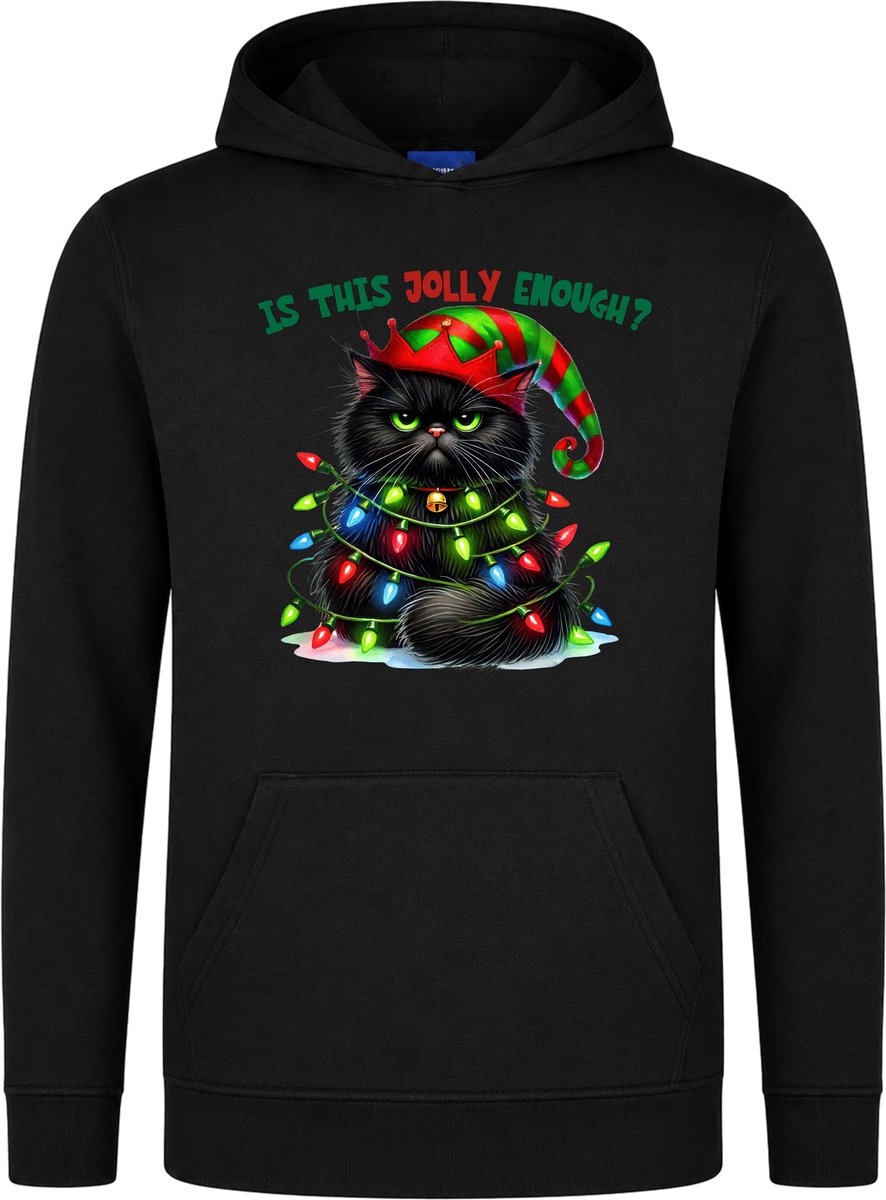 Is This Jolly Enough? Kerst Hoodie - Dames Heren - Kat - Unisex - Kersttrui - Kerst Cadeau - Grappig - Foute Hoodie - Zwart - Maat S