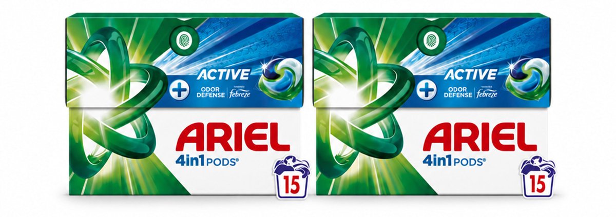 2 x Ariel - 4in1 Wasmiddel Pods - Actieve Geurbestrijding - 15 Pods - Voordeelverpakking - 2 stuks