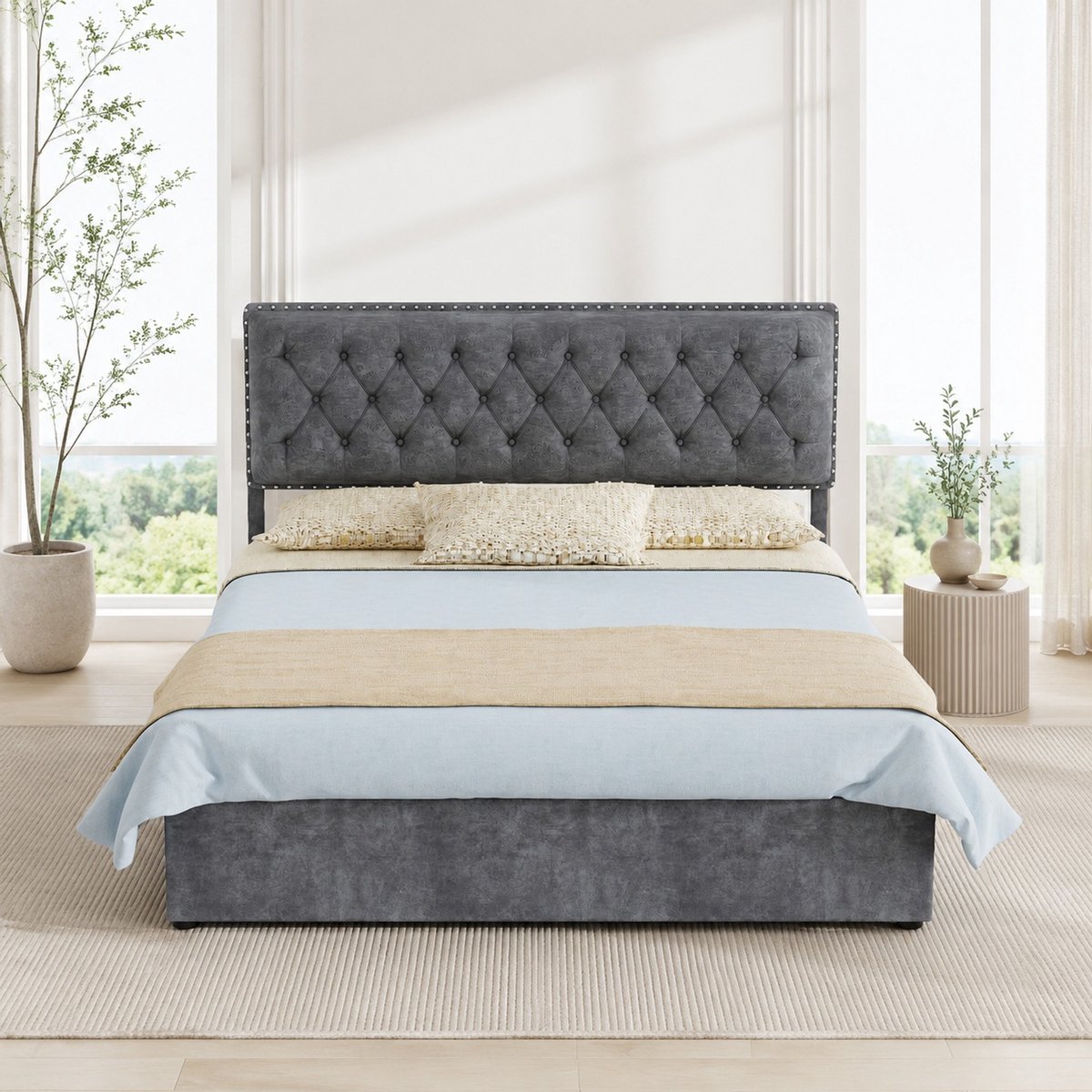 COVREO Gestoffeerd bed met opbergruimte – 140x200 cm – Bedframe met lattenbodem – Tweepersoonsmodel voor slaapkamer – Grijs - zonder matras