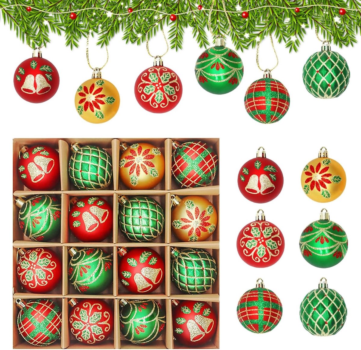16 Stuks Kerstbal Decoraties - 6cm Schokbestendige Hangende Ballen en Ornamenten voor Kerstboom en Feestdecoratie (Rood, Groen)