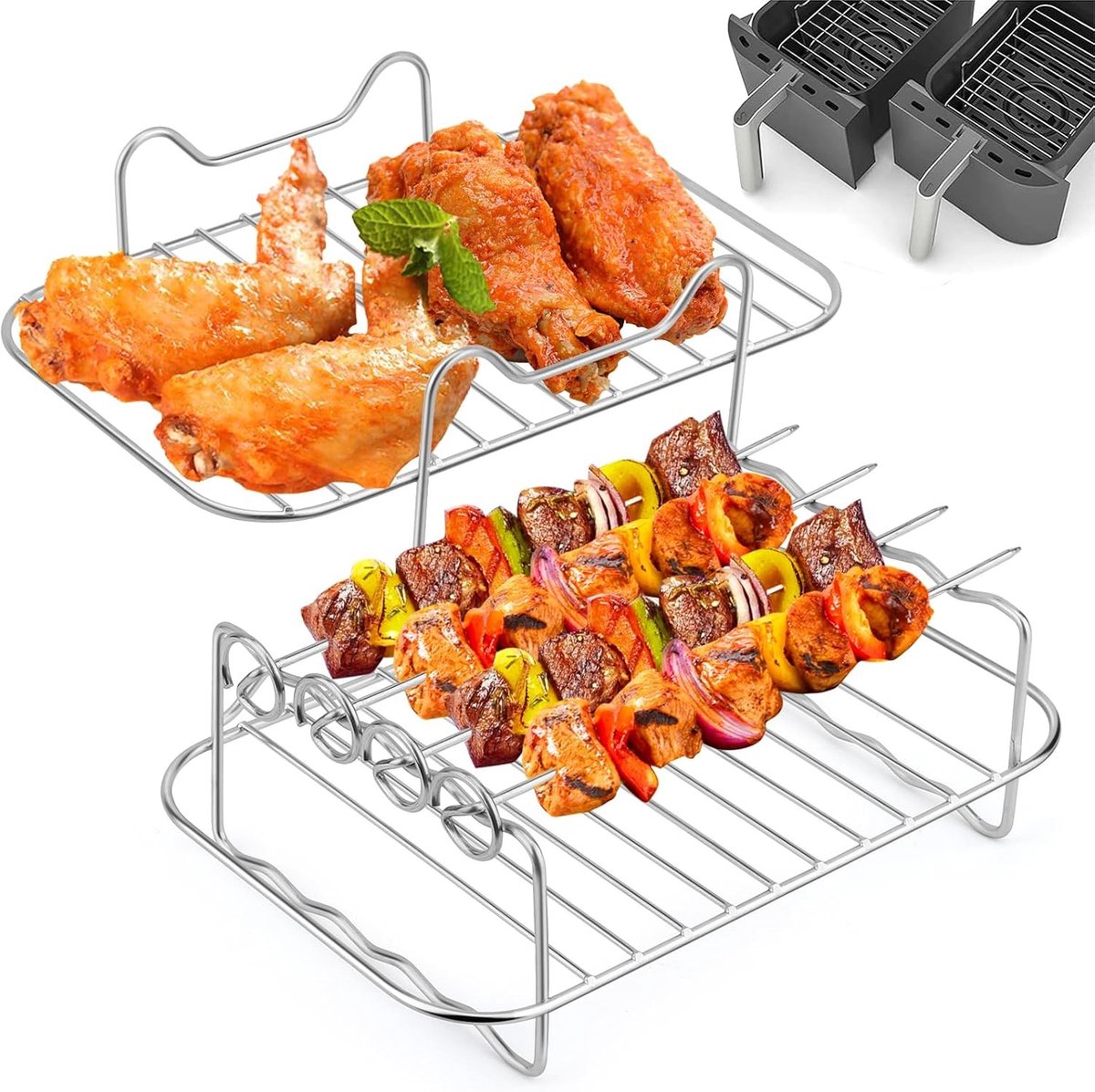 Dual Zone Air Fryer Accessoires Set met Skewers - 304 RVS, Perfect voor Gezond Koken, Grillen en Bakken