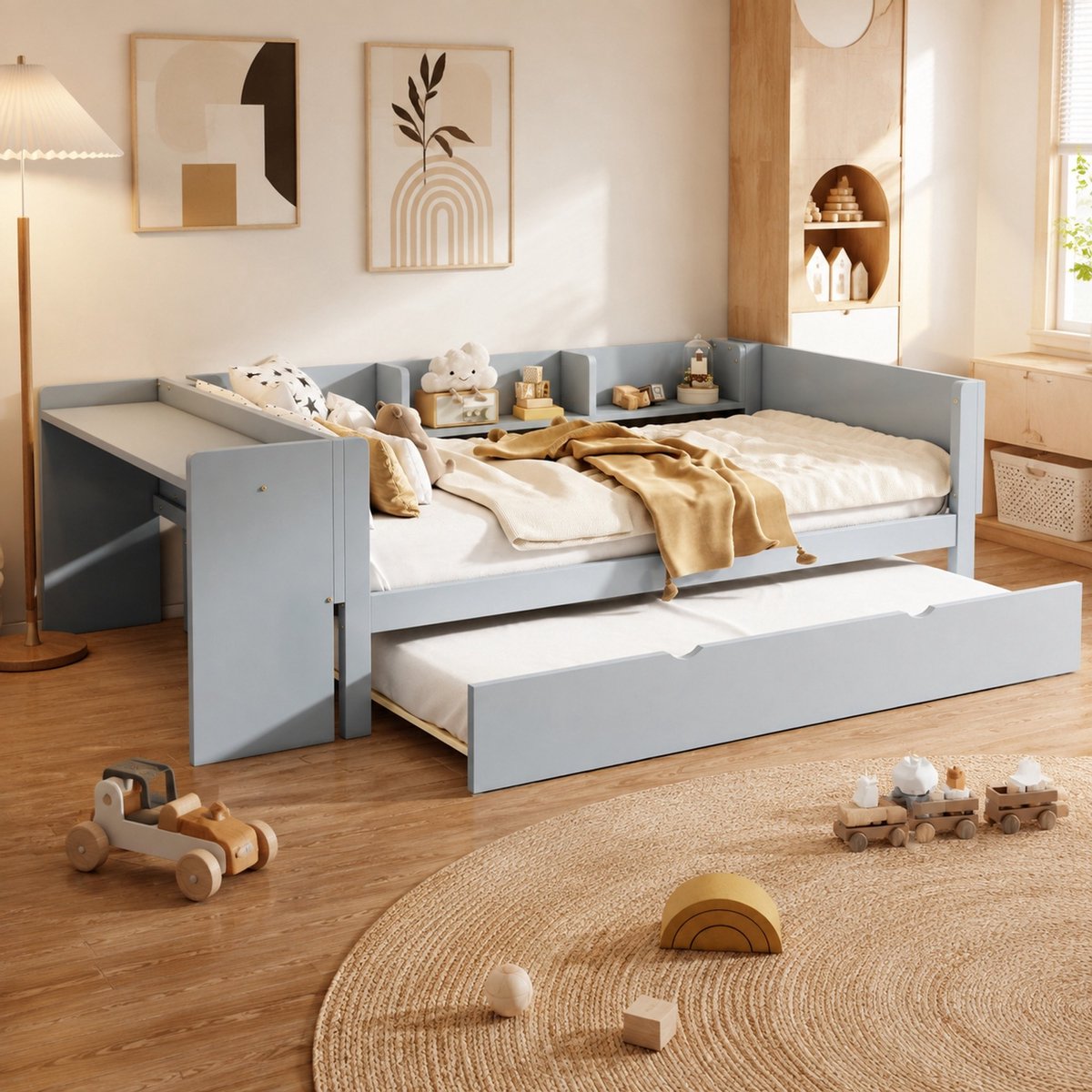 COVREO Kinderbed met uitschuifbed – 90x200 cm – Bedframe met bureau en 3 vakken – voor kinderkamer – Grijs - zonder matras