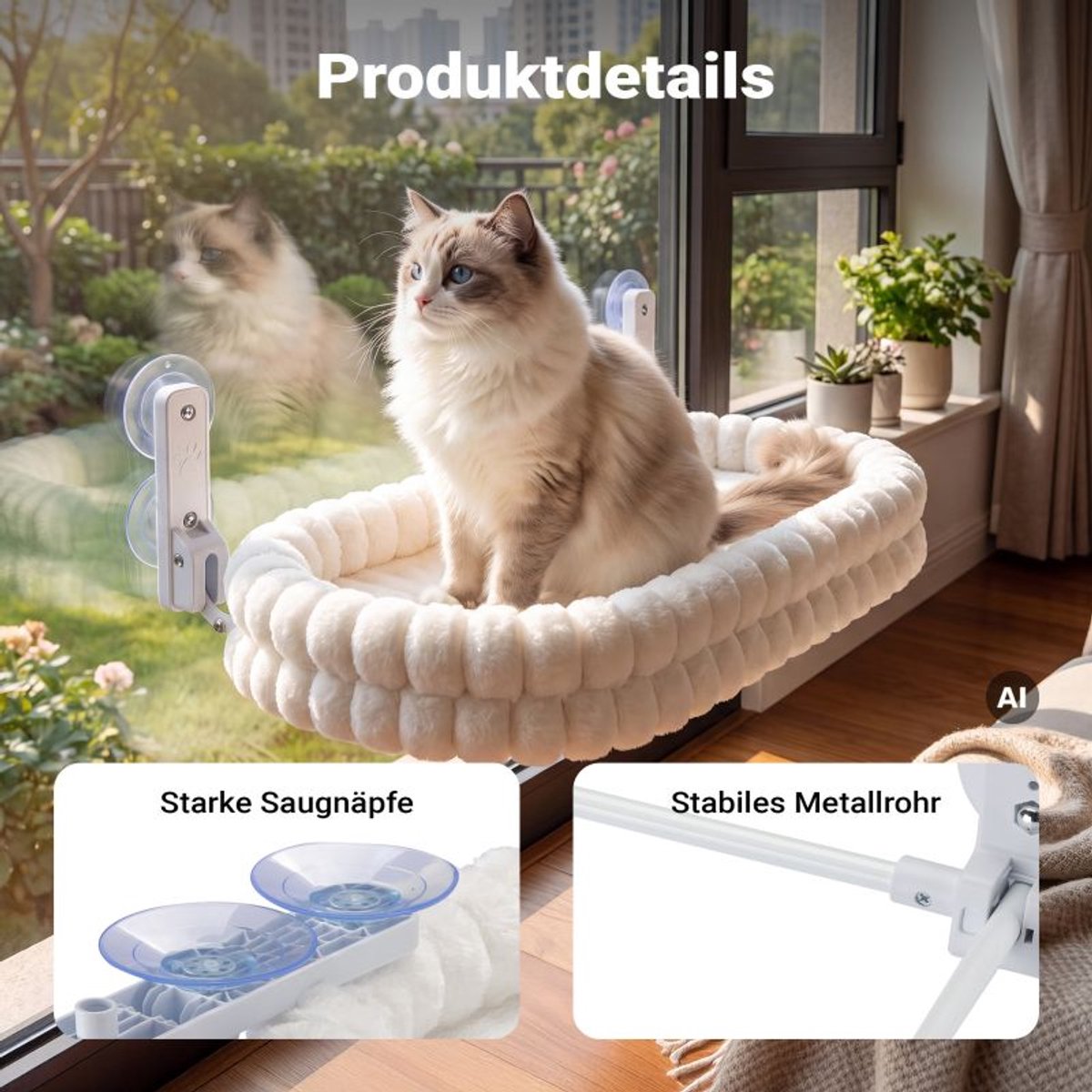 Fudajo kattenhangbed met zuignappen voor het raam 30x60 cm beige, hangmat voor katten tot 10 kg, ligplaats met raambevestiging als slaapbed