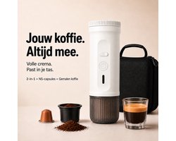 Draagbare Koffiemachine – Zelfverwarmende Espressomachine 20 Bar – Koffiezetapparaat voor Onderweg, Auto, Camping & Camper – NS-Capsules/Gemalen Koffie – 7500mAh – Warme Koffie Zonder Waterkoker – Wit – Reis Koffieapparaat