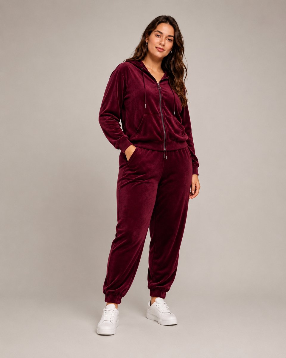 Dames Velours Huispak/Vrijetijdspak -V100- 4XL/5XL (48-50) DONKERROOD