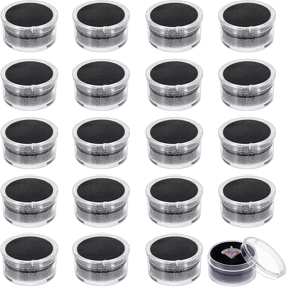 20 Stuks Zwarte Mini Ronde Steentjes Dozen voor Sieradenopslag met Sponsmat, 3.5 x 0.8 cm, Perfect voor Beads en Decoratie