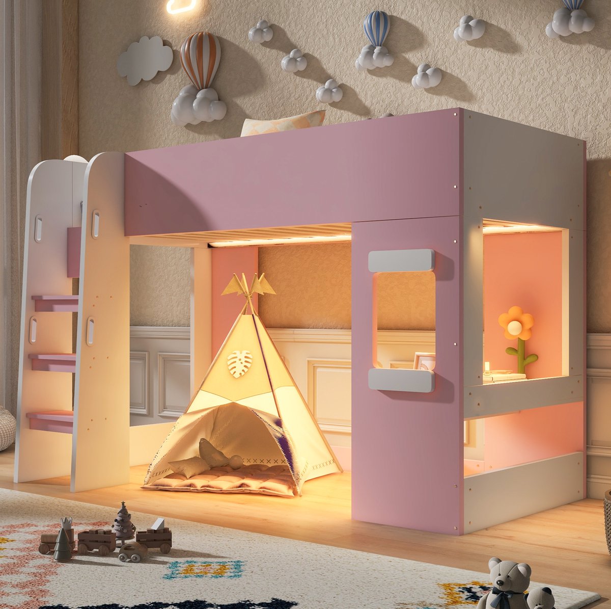 OKWISH Hoogslaper 90x200 cm - Kinderbed met bureau en LED verlichting - Roze en wit - Hoogslaper met veiligheidsleuning en ladder