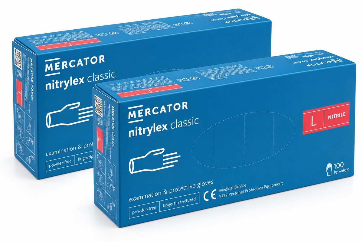 Mercator Nitrylex Classic Nitril Handschoenen – Maat L – 2 Dozen – 200 Stuks – Poedervrij – Blauw