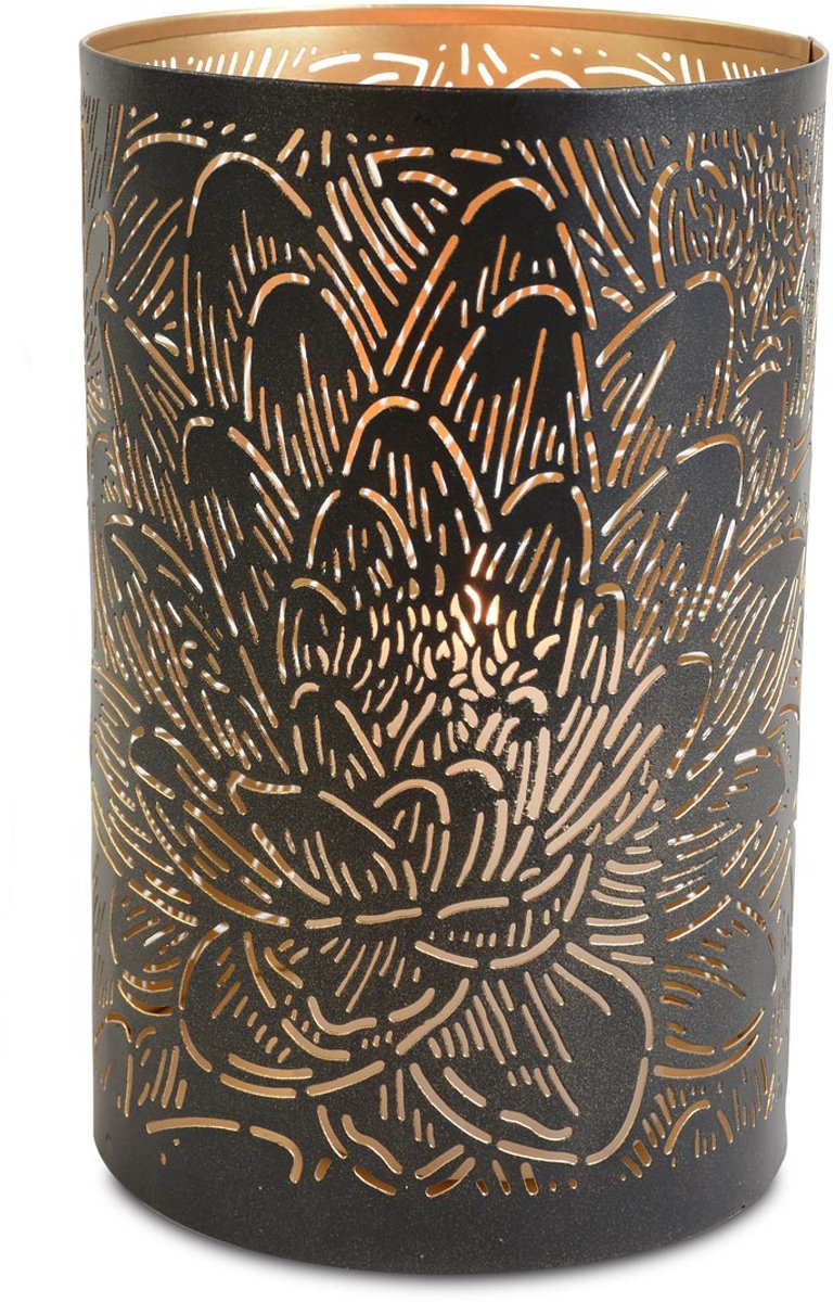 Decoratieve Windlicht Bladmotief Zwart en Goud Ø 13 x 20 cm Metaal