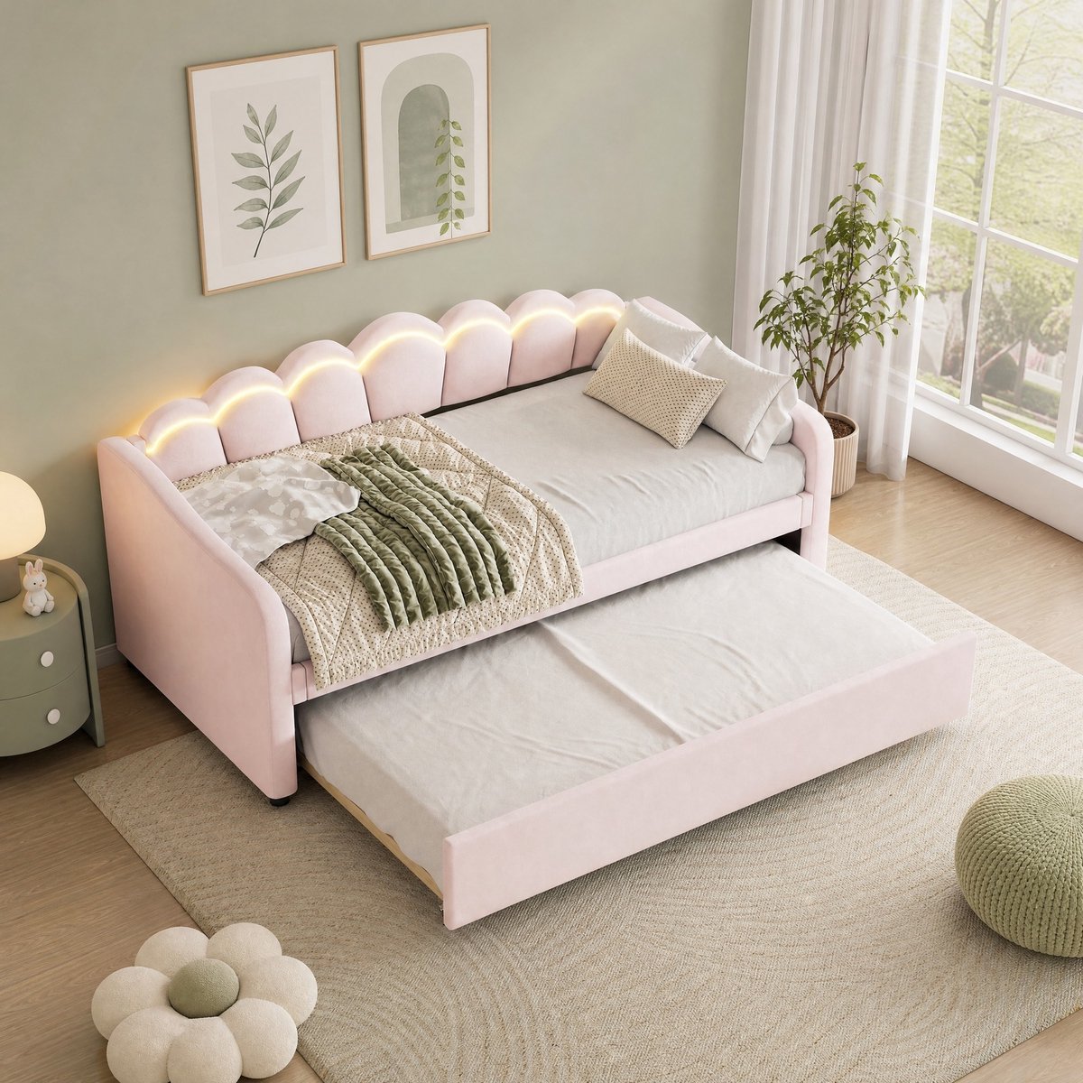 COVREO Slaapbank met uitschuifbaar bed – 90x200 cm – Daybed met LED-verlichting – Eenpersoonsbed voor kleine kamers – Roze - zonder matras