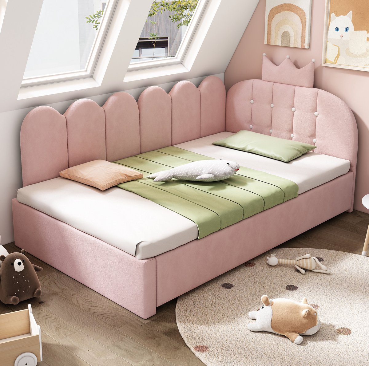 COVREO Bedbank met uitrolbed – 203x98x95 cm – Slaapbank van stof en metaal – voor kinderen en logees – Roze - zonder matras