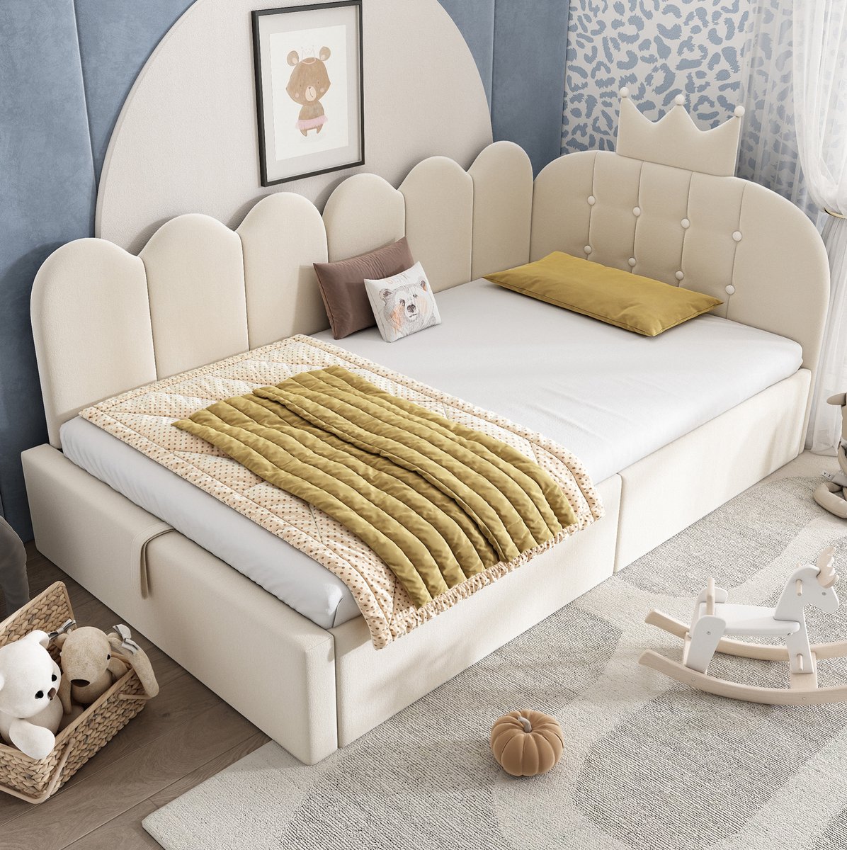 COVREO Bedbank met hydraulische opbergruimte – 90x190 cm – Dagbed met L-vorm en kroonvormig hoofdbord – Eenpersoons bed voor logeerkamer en kinderkamer – Beige - zonder matras