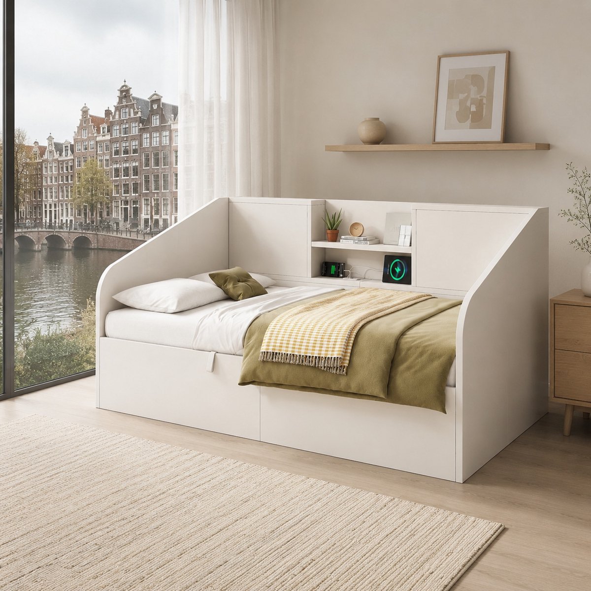 WUVRIE Bedbank 90x190 cm met opbergruimte, USB/Type-C en lattenbodem, wit