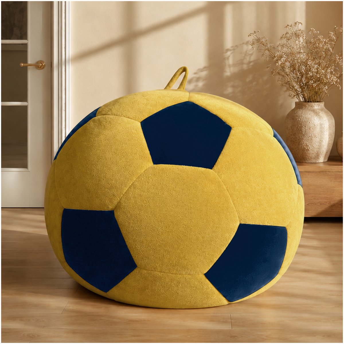 REDOM - Zitzak - Voetbalvorm - Met traagschuimvulling - Fluweel - Binnengebruik - Volwassenen - Blauw en Geel - 130 x 130 x 90 cm