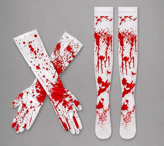 Witte lange handschoenen en kniekousen met rode bloedvlekken.