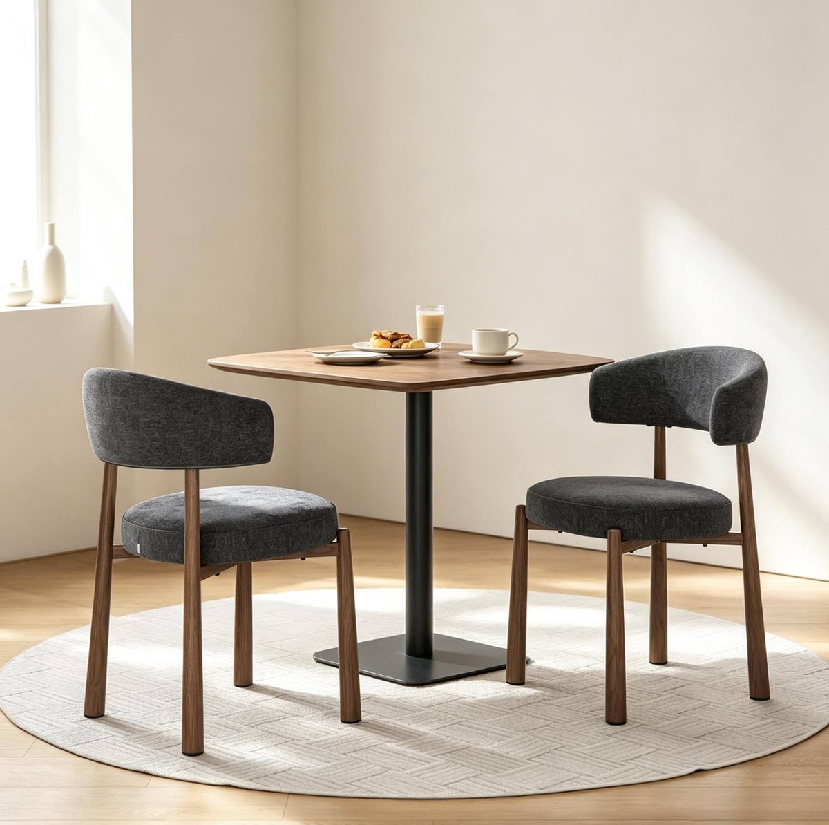 HAUSS SPOLE Eetkamerstoel - Set Van 2 - Comfortabele Chenille Stoel Met Open Rugleuning En Houten Look - Voor Eetkamer En Keuken - Grijs