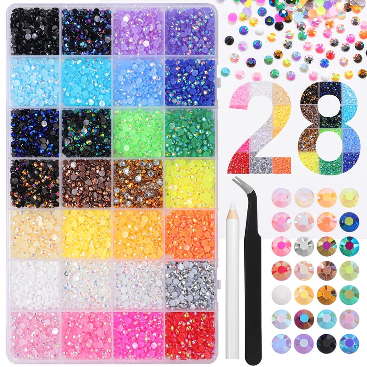 Currero Bedazzle Kit - Bedazzling - Plakstenen - Strass Steentjes - DIY Versieren - 28 Vakken - Met Pincet En Applicator - 3mm
